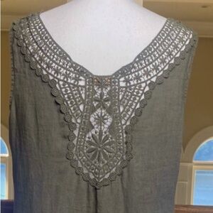 Bellambia, Sleeveless Linen Dress w/ embroidered detail back, in Quiet Olive